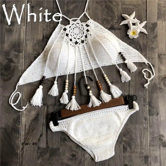 NEW Arrivals 7 Colors Handmade Women Knitted Swimwear Sexy Bikini 2PCS Set Swimsuit Female Push Up Brazilian Biquini Bathing Suit Thong Bather Bikini Set Girls Ladies Beachwear