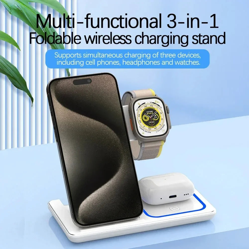 3 in 1 Wireless Charger Stand 30W LED Foldable Wireless Charger For iPhone 16 15 Pro Max iWatch 8 7 Airpods Charge Dock Station for Home Office Electronic Accessories Sets