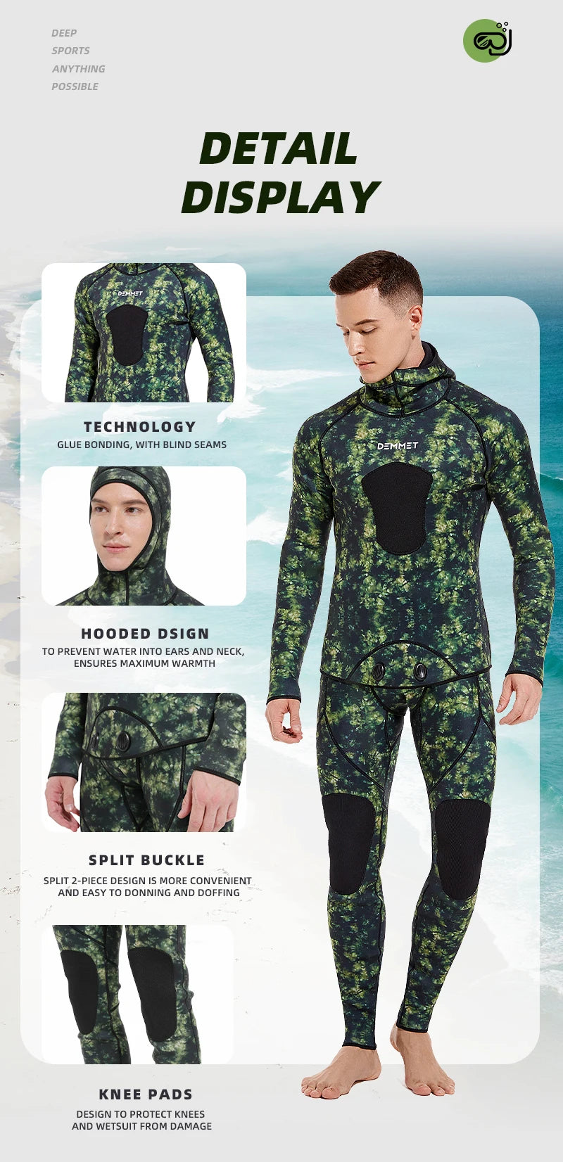 NEW S-3XL Plus Size 3mm/5mm Professional 2PCS Set Spearfishing Wetsuit Camouflage Open Cell Neoprene Free Diving Suit Full Suit  Men Hooded Snorkeling Suits Sports Kayak Swimming Diving Sets