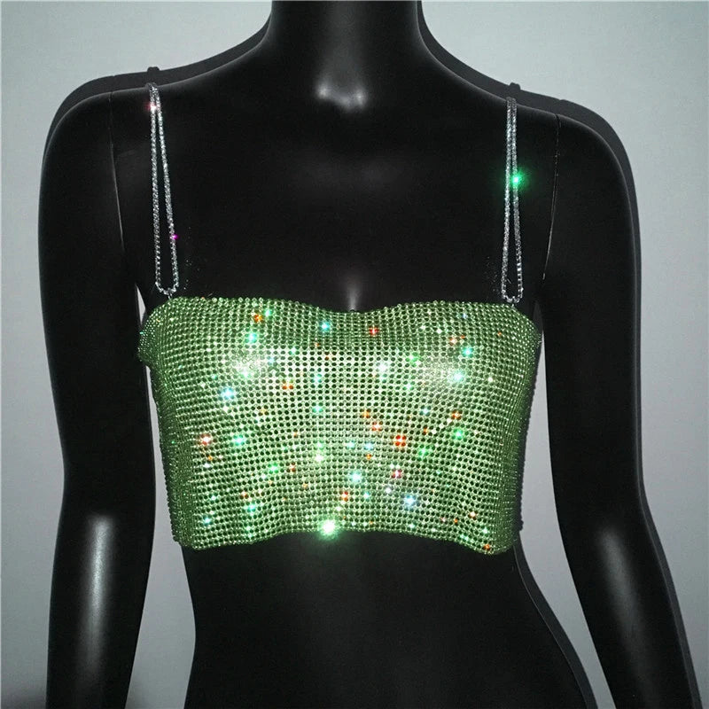 NEW 7 Colors Festival Queen Sequin Shiny Crystal Chain Luxury Tank Top Glitter Metal Mesh Halter Metallic Strap Crop Tops Festival  Party Sexy Women Tops