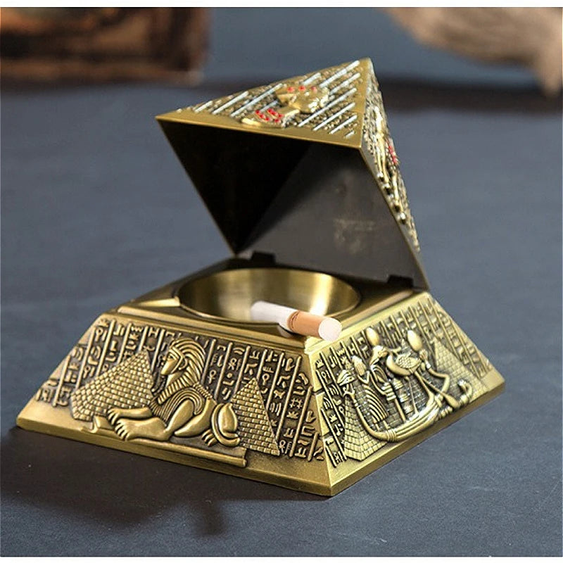 Egyptian Tutankhamun Pharaoh Bronzer Pyramid Metal Ashtray, Creative Candle Holder for Home Club Hotel KTV, European Style Decorative Sculpture