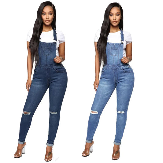New Arrivals Woman Ripped Denim Jumpsuit Fashion Casual Sling Pants Jeans Jumpsuit S-2XL Global Girls Casual Fashion Apparel Supplies