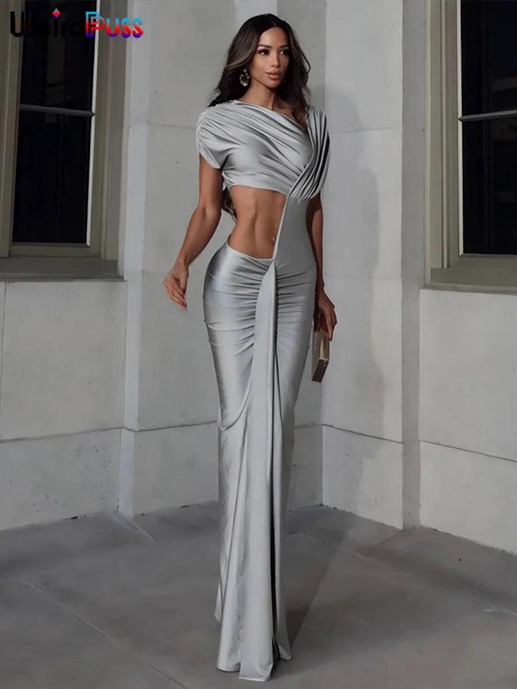 Low-Price Sales are Limited NEW Irregular Hollow Dress Women Ruch Diagonal Collar Shorts Sleeve Waistless Slits Street Trend Elegant Long Bodycon Evening Nightclub Party Outfits Girls Ladies Luxury Fashion Clothing Supplies