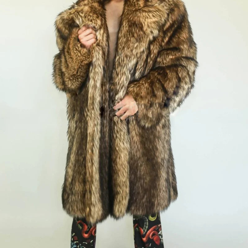 S-6XL NEW HOT SALE Italian Style Luxury Men Autumn Winter Thick Maxi Faux Fox Fur Coat Jacket Long Sleeve Warm Black Parkas  Furry Shaggy Outerwear Snow Clothes Gift for Husband Boyfriend Lover Men Luxury Fashion Clothing Sup
