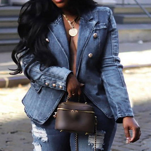 Fashion Demin Jacket Women Double Breasted Notch Lapels Slim Blue Vintage Washed Blazer Jeans Jacket  Women's Denim Jackets