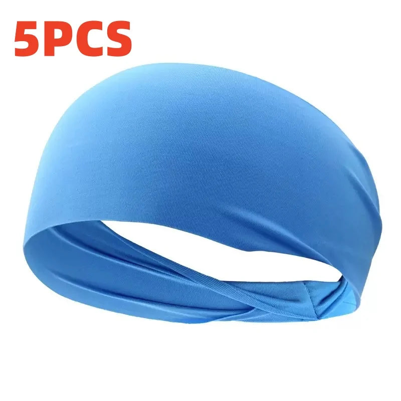 5 PCS Set Women/Men Sports Headband Outdoor Running Fitness Sweatband Elastic Absorbent Sweat Cycling Jog Tennis Yoga Gym Head Band Hair Bandage Sports Accessories