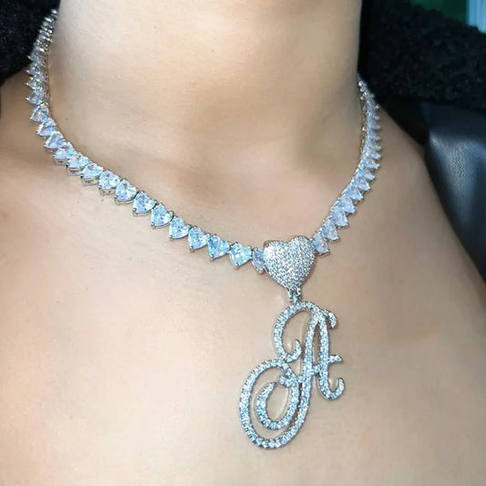 Gold/Silver Color A-Z Women’s Heart Initial Pendant Necklace, Iced Out Rhinestone Letter Charm Tennis Chain Choker, Luxury Bling Jewelry Gifts