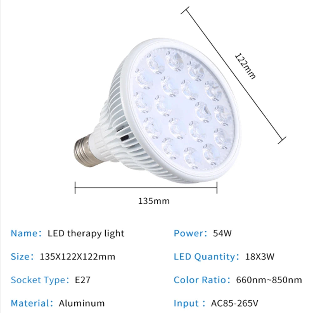 54W Red LED Light Therapy Bulb 630nm 660nm 810nm 830nm 850nm Infrared Light Bulb E27 Red Light Women Skin Care Supplies