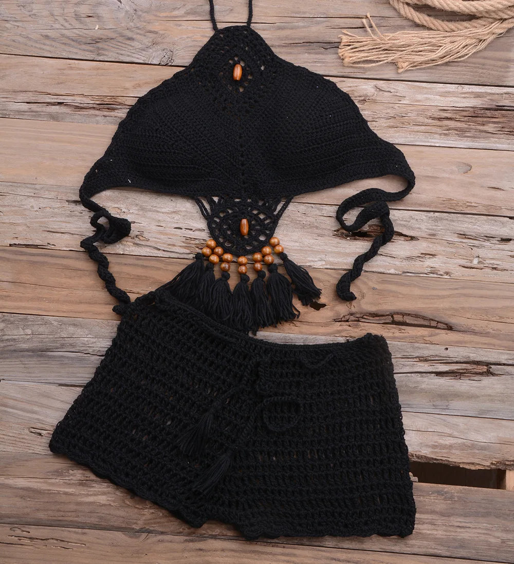 Handmade Bohemian Women Girls  Bikini 2PCS Set Crochet Knitting Mini Bra Top With Short  Swimsuit  Pareo Beachwear Suit Female Sexy Ladies Summer Beach Luxury Fashion Clothing Supplies