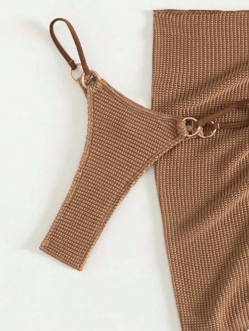 NEW Arrivals HOT SALE 3 PCS Set Sexy Brown Bikini Set Women Halter Push Up Padded Bra Skirt Swimsuit Summer Bathing Suit Cover Up Thong Swimwear