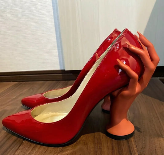 5 Colors UK Size Minimalist Style Patent Leather Pointed Toe Pumps Unique Hand Heel Design Glossy Upper Fashion-Forward Looks for Runway