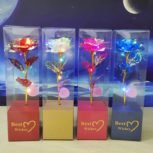 8 Colors Lighting Glowing Galaxy Rose Eternal 24K Gold Flower Foil Plastic Artificial Roses Forever Love Wedding Decor Lover Roses Creative Gift Decor