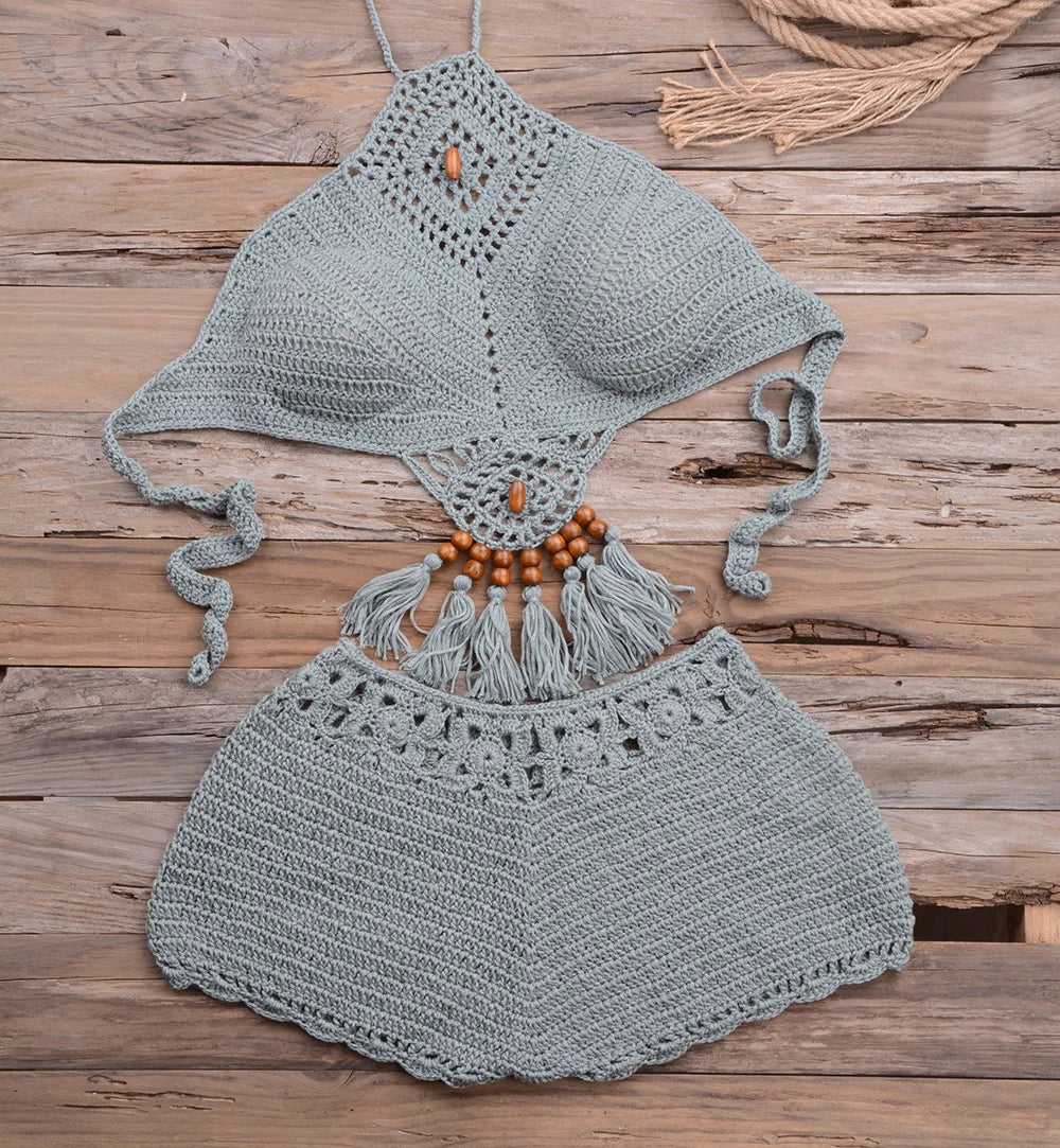 Handmade Bohemian Women Girls  Bikini 2PCS Set Crochet Knitting Mini Bra Top With Short  Swimsuit  Pareo Beachwear Suit Female Sexy Ladies Summer Beach Luxury Fashion Clothing Supplies
