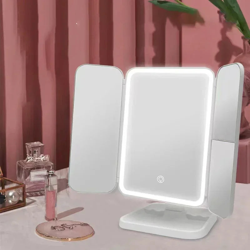NEW Arrivals Luxury Trifold Make-Up Mirror LED Lights Dorm Dressing Mirror Beauty Light Up your Fill Light with Smart Complementary Make-Up Mirror Women Cosmetic Tools