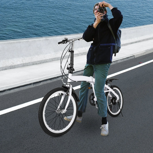 NEW Arrivals White Folding Bike Foldable City Bike for Adult 20" Commute Bicycle 6Speed Gears Multi-speed Transmission Anti-slip Armrest