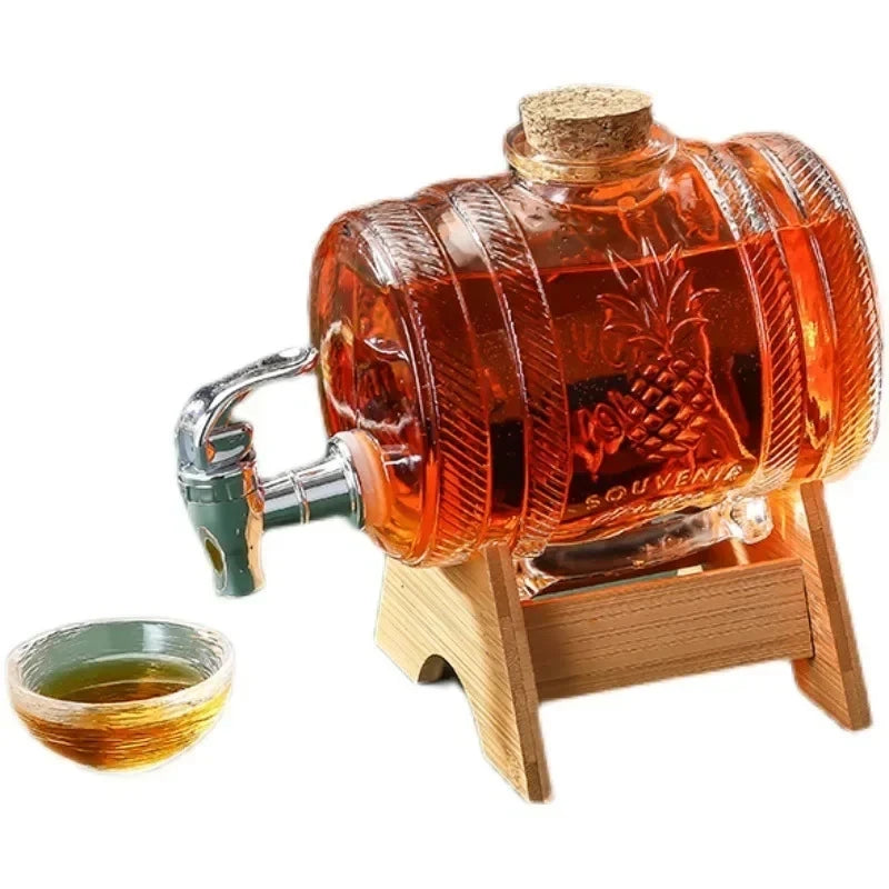 1000ML Full Set Glass Whiskey Barrel Wine Barrel Beer Bottle Fruit Aging Alcohol Honey Storage Container With Base Faucet Bar Set Home Bar Pubs Restaurants Barware Accessories