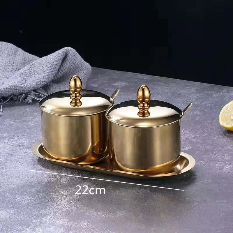 NEW Arrivals 2/3/4 Sets Luxury Golden 304 Seasoning Box Bottle Glass Pot Cap with Spoon Flavoring, Holder Rack Tank Sauce Spice Jar Salt Soy Storage Box Kitchenware Preparing Cooking Tools
