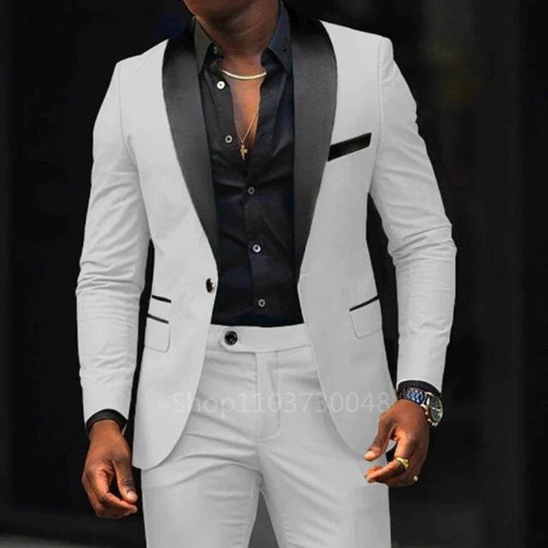 NEW Arrivals 2PCS Set S-6XL Plus Size 7 Colors Casual Men Wedding Suits Solid Slim Fit Shawl Lapel Blazer Pant Designs Evening Party Prom Suits Best Man Business Wear Suit Men Luxury Fashion Clothing Supplies