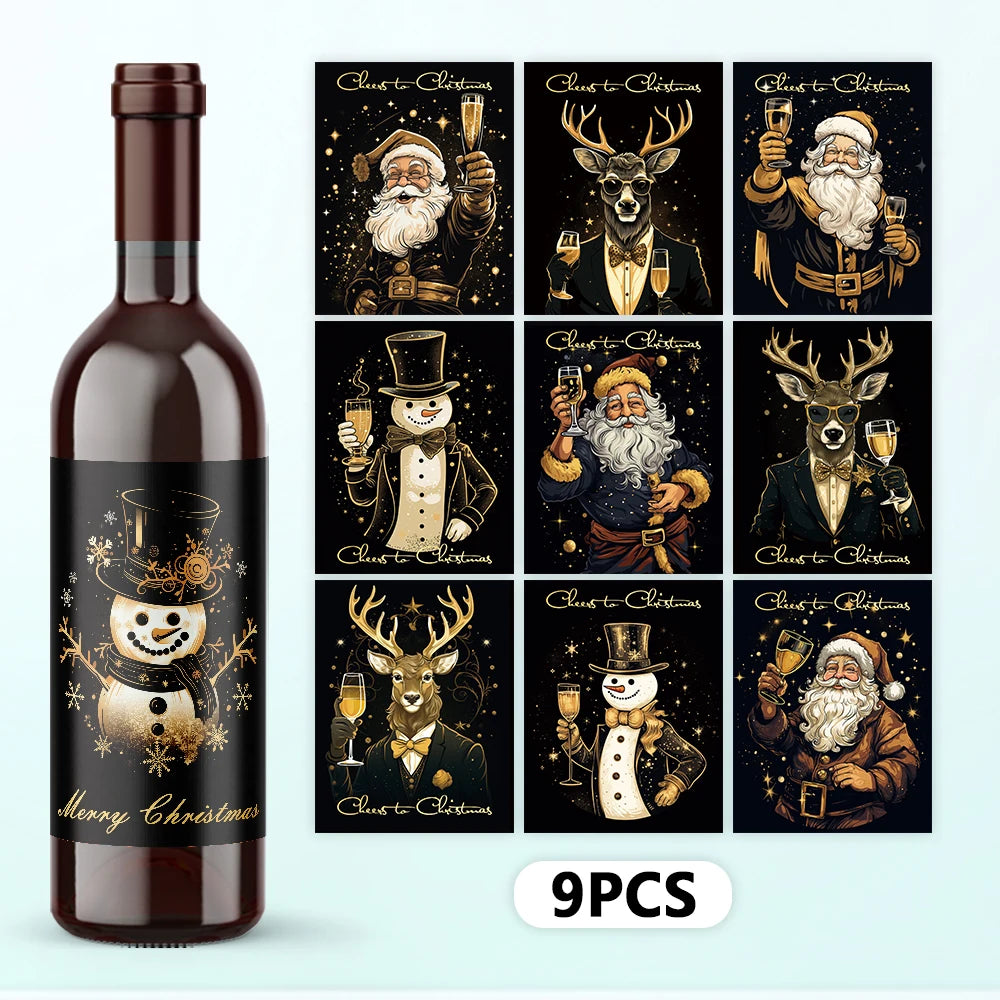 9pcs Set Christmas Decoration Wine Bottle Waterproof Stickers 5x3.93inch Christmas Wine Label, Christmas Party Decoration New Year Eve Supplies
