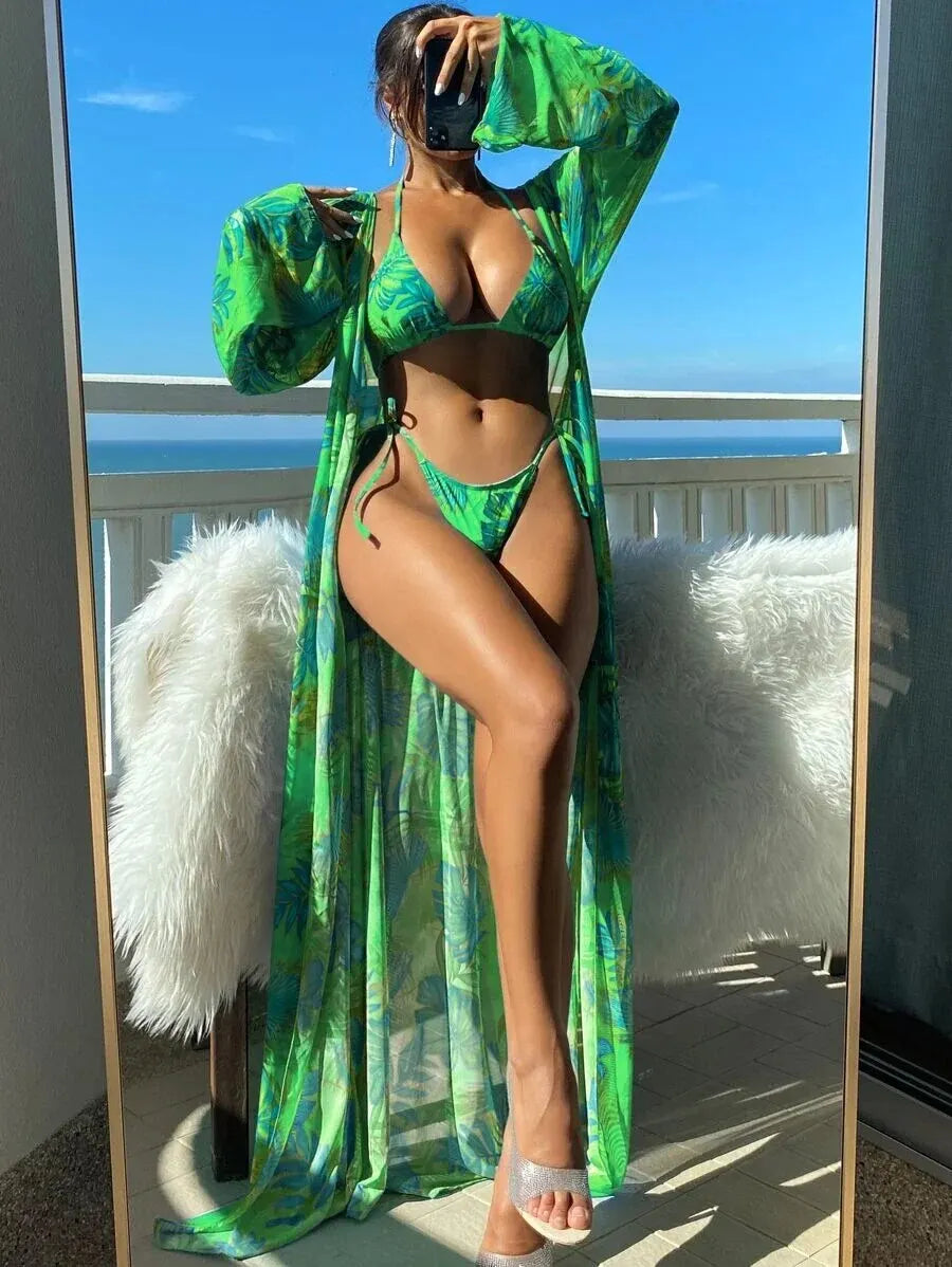 NEW Arrivals 3PCS Set 6 Colors Italian Triangle String Bikini Swimsuit Women & Kimono Swimwear Female Sexy Bathers Bathing Swimming Swim Suit Girls Ladies Luxury Beachwear Suit
