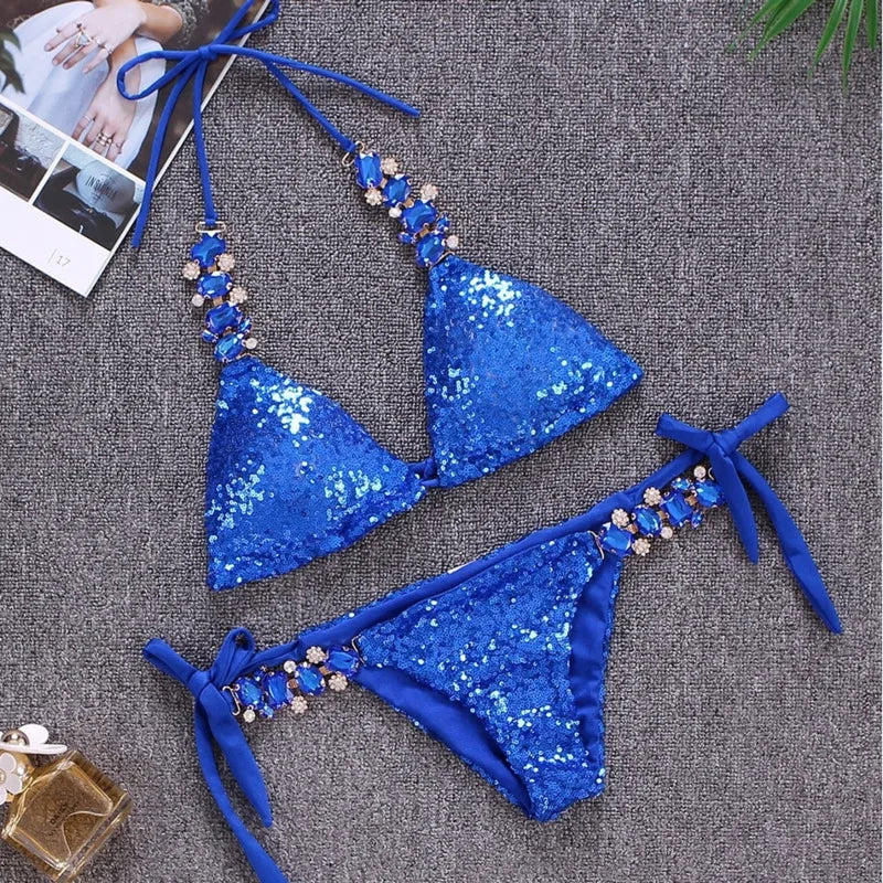 NEW Arrivals Shiny Sexy Bikinis Pink/Blue Color Swimsuit With Rhinestones Women Luxury Swimwear Female Push Up Bikini Beach Swim Wear Bathing Suits Swimming Pool Luxury Bikini