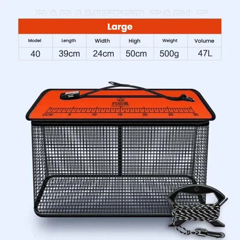 19L-47L Large Capacity Fish Net Bag Floating Fish Basket Quick-Drying Foldable Fish Cage Collapsible Fish Protector Foldable Fishing Net for Sea River Lakes Fishing Accessories