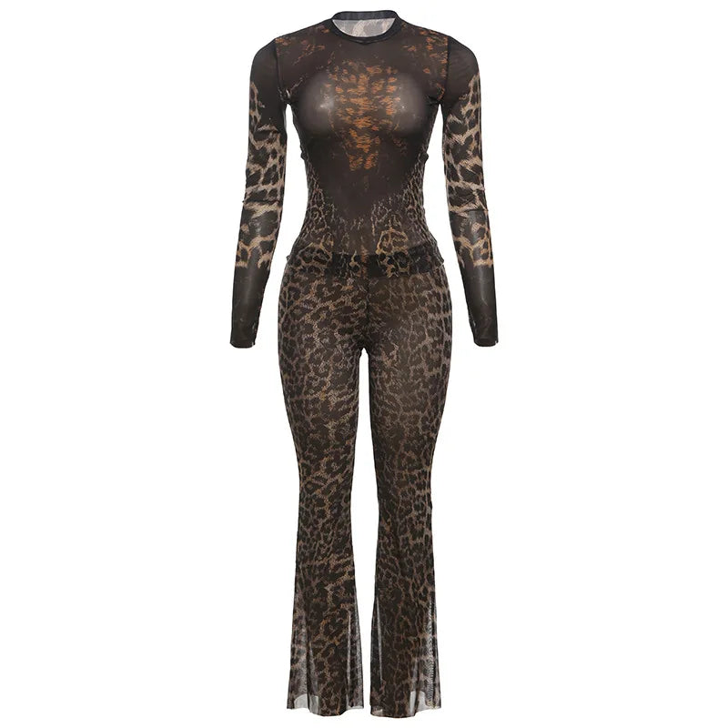 NEW Arrivals 2PCS Set Cheetah Women  Matching Long Sleeve O-Neck Crop Tees and High Waist Slim Pants Leopard Sets Sexy Female Evening Nightclub Party Outfits Girls Ladies Luxury Fashion Clothing Supplies