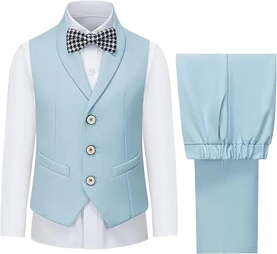3 PCS Set 10 Colors Boys Kids Vest and Pants Set + Tie + Bowtie Formal Dress Suit Teen Boy Wedding Guest Evening Birthday Party Communion Outfit Kids Piano Host Performance Costume