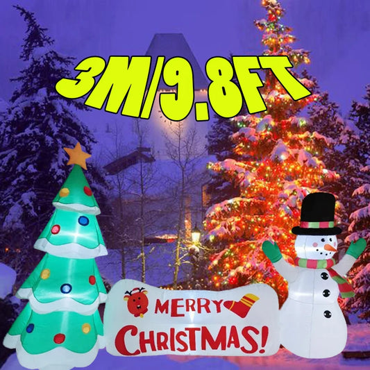 3M/9.8FT Length Christmas Snowman Tree Decor Inflatable Built-in LED Light Outdoor Indoor Party Garden Scene Layout Ornament