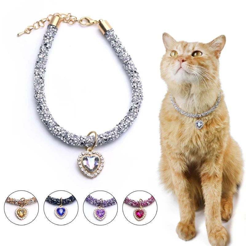 Crystal Cat Collar Heart Gem Pendant Party Rhinestone Necklace Adjustable Cats Puppy Chihuahua Wedding Pet Accessories