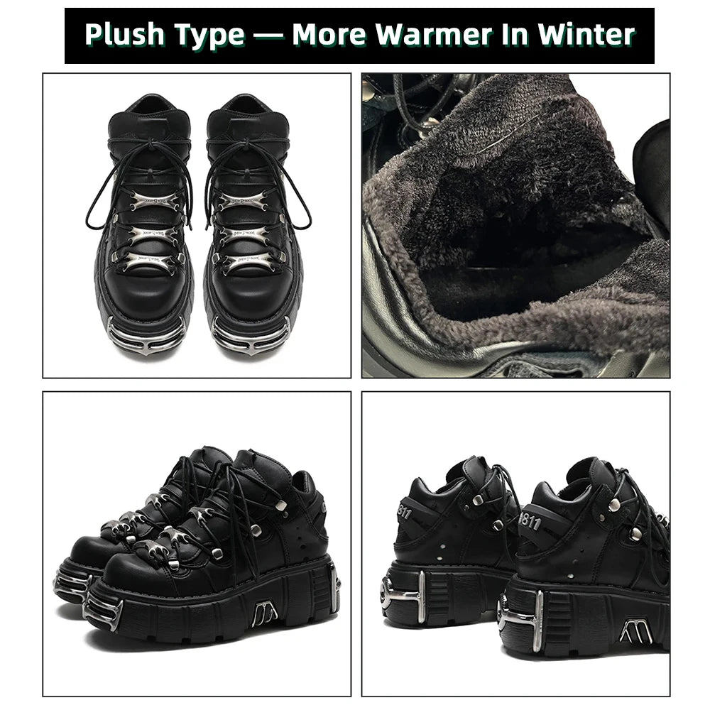 NEW Punk Style Gothic Women Shoes Lace-Up Heel Height 6CM Platform Shoes Woman Gothic Ankle Rock Boots Metal Decor Woman Sneakers