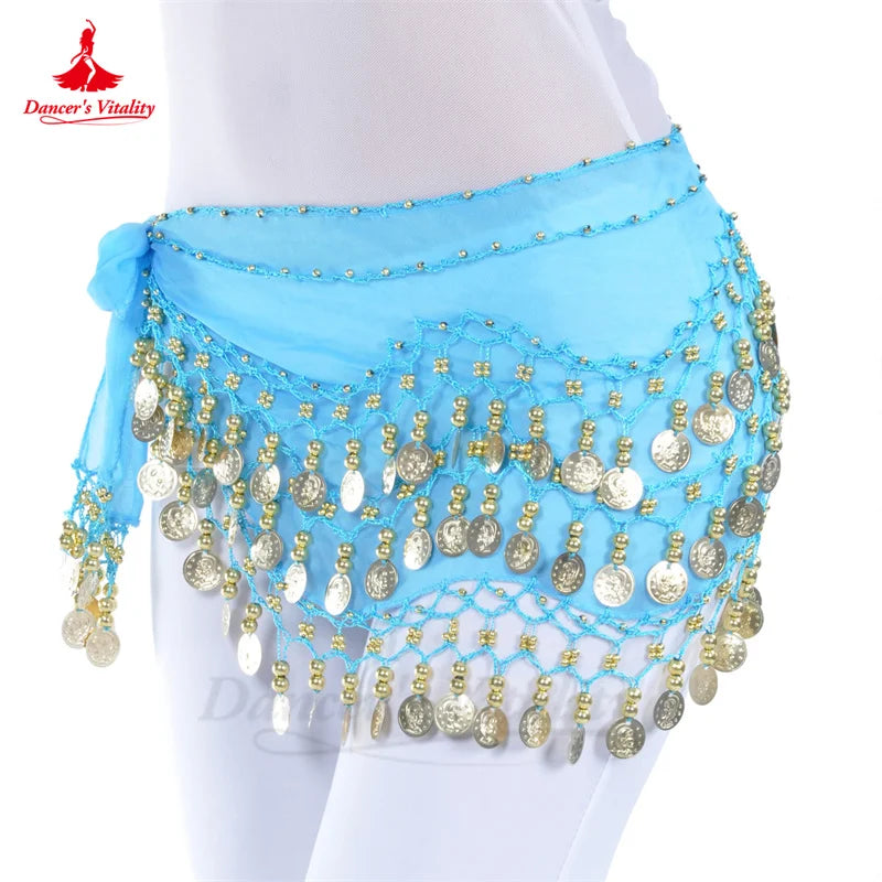NEW Arrivals Belly Dance Belt for Women Chiffon Gold Coins Oriental Dancing Wear Accessories Girl's Chiffon Silver Coins Belly Dance Hip Scarf