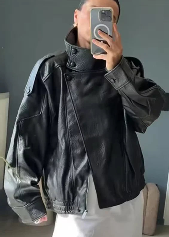 UK Size Black/Brown/Claret Color Women's Jacket  New Black Long Sleeve Pebble PU Leather Jacket Motorcycle Style Personality Fashion Women Winter Outwear Jacket
