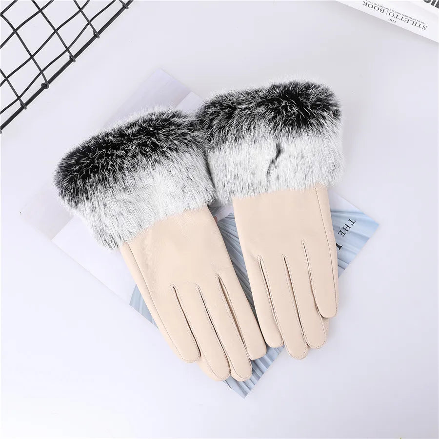 New Arrivals Women's Luxury Real Sheepskin Leather Gloves With Real Natural Rabbit Fur Cuffs Female Formal Evening Party Business Dinner Warm Gloves Fleece Lining Touch Screen Gloves Ladies Luxury Fashion Apparel Accessories