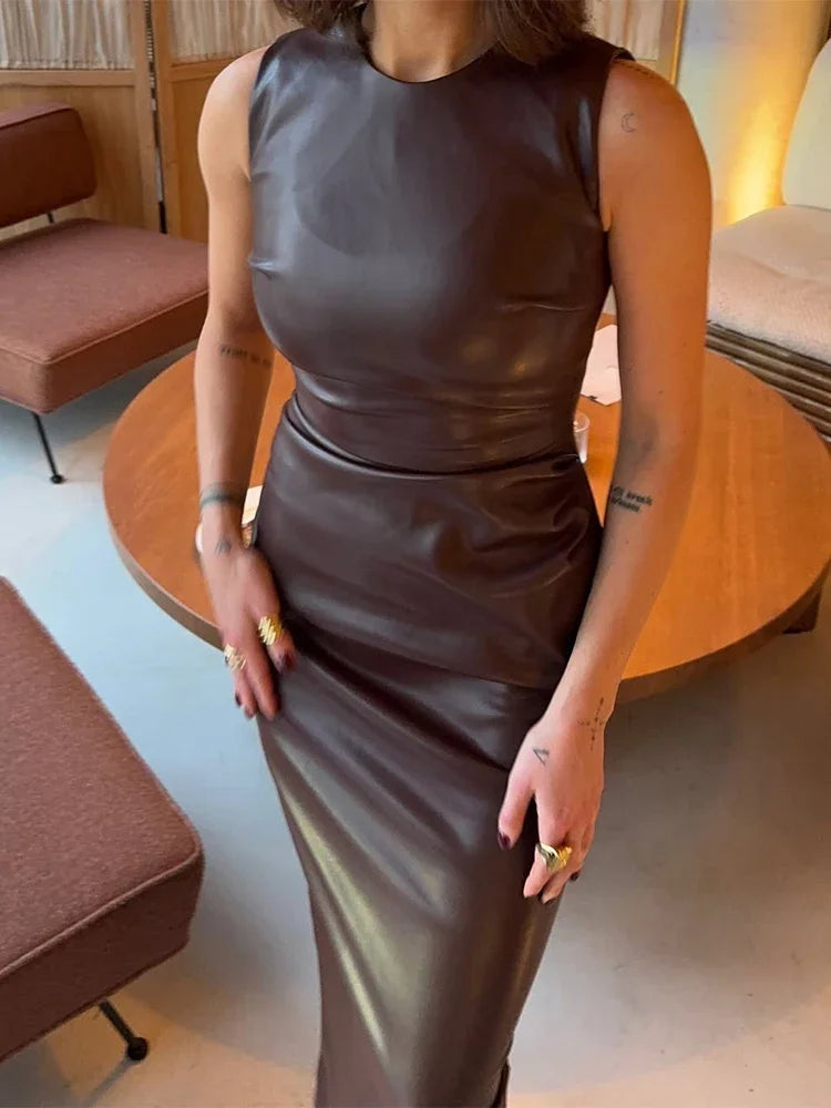 NEW Arrivals Mini/Maxi Luxury PU Leather Elegant Maxi Dress For Women's Bodycon Pleated Sleeveless Long Dresses Vacation Casual Street High Waist Evening Party Dress Ladies Luxury Fashion Clothing Supplies