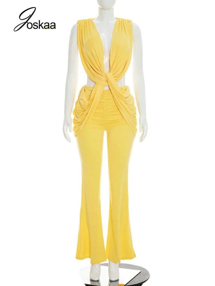 3 Colors Sexy Draped Low Neck Sleeveless Bodycon Jumpsuit Women Hipster Deep V-Neck Backless Ruched Skinny Flare Pants Rompers Evening Party Clubwear Outfits