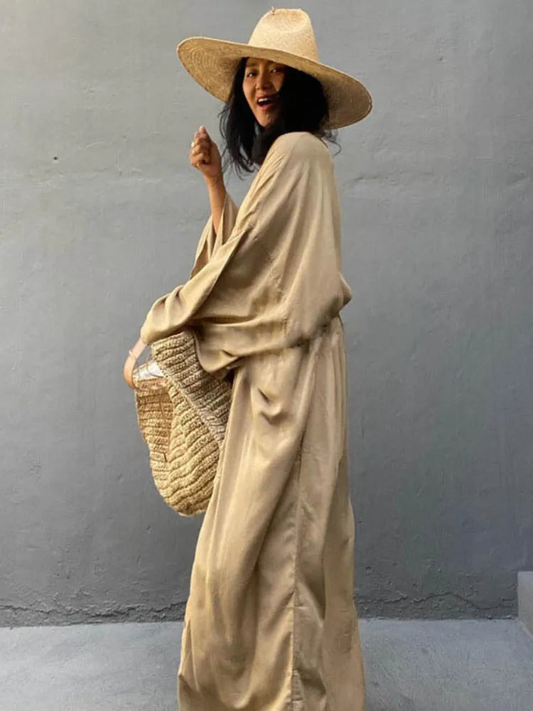 Solid Beach Cover Up Women Self Belted Wrap Kimono Dress Swimsuit New Robe Summer Beachwear Factory Supply