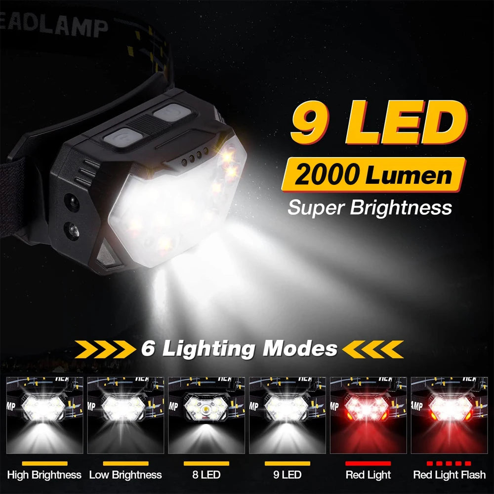 NEW Arrivals 9 Led 2000 Lumen Powerful Strong Light Headlamp USB Rechargeable Motion Sensor Headlight Portable Fishing Camping Sports Cycling Outdoor Hiking Head Lamp Work Flashlight