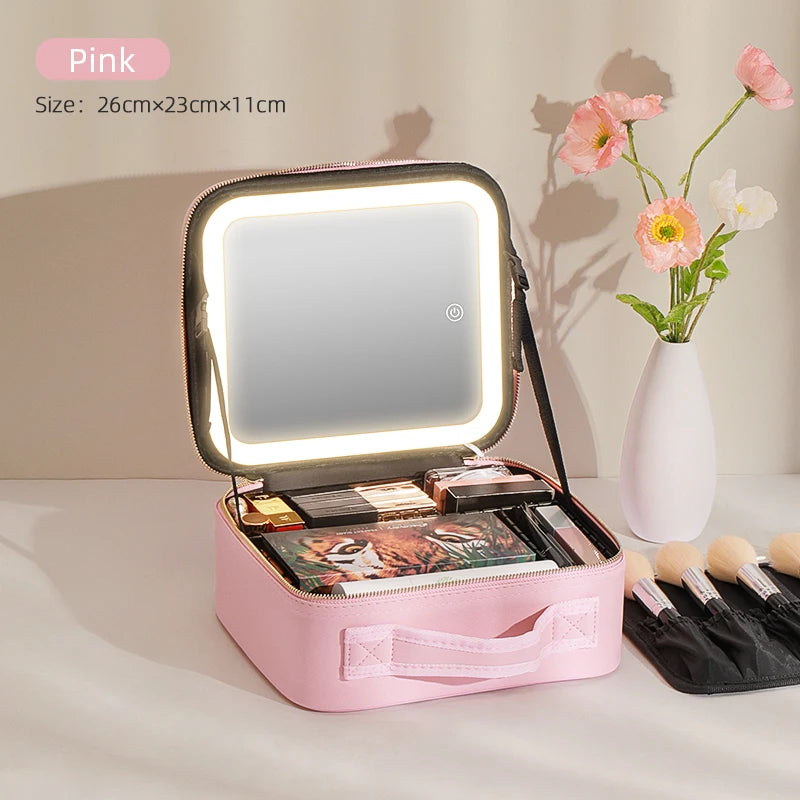 Make-Up Travel Train Case with LED Lighted Mirror, 3 Color Adjust Settings, Travel Makeup Bag With Adjustable Dividers Women Cosmetic Accessories