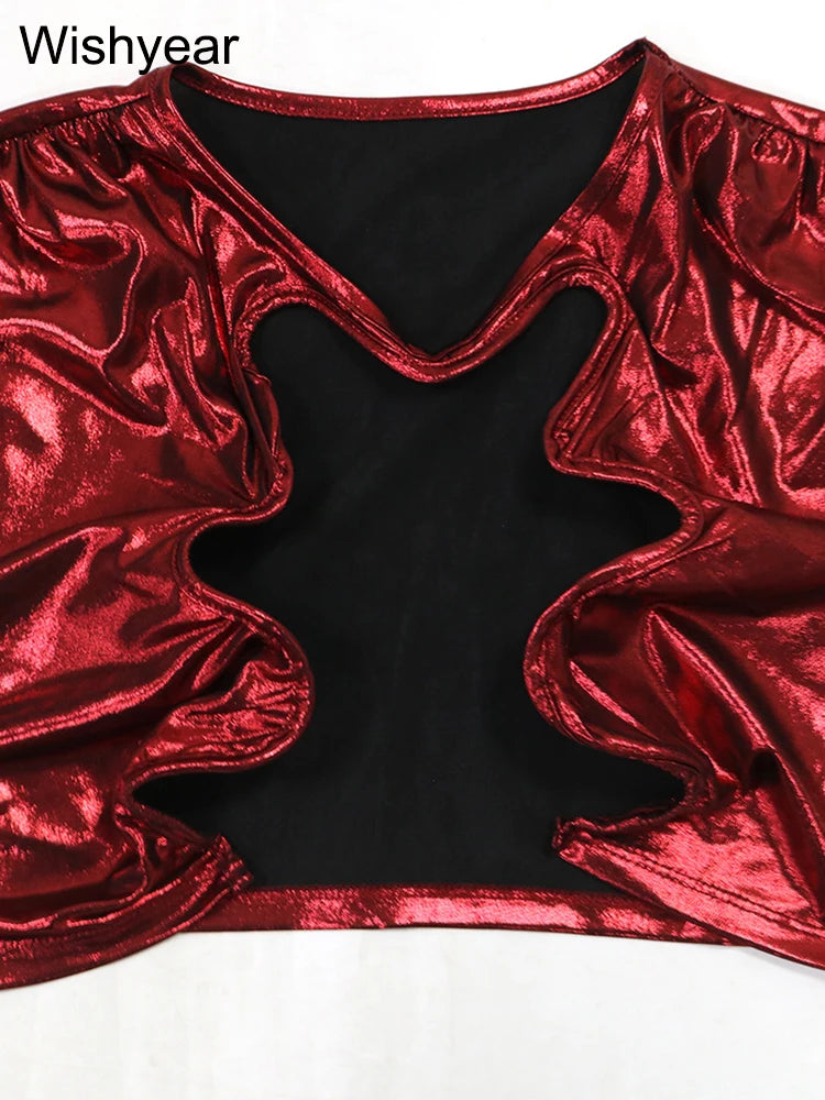 Low-Price Sales are Limited New 2PCS Set Silver/Red Sexy Crop Top and Pencil Skirt Set Women Evening Party Night Club Hollow Out Elegant Birthday Evening Prom Party Outfits Girls Ladies Luxury Fashion Clothing Supplies