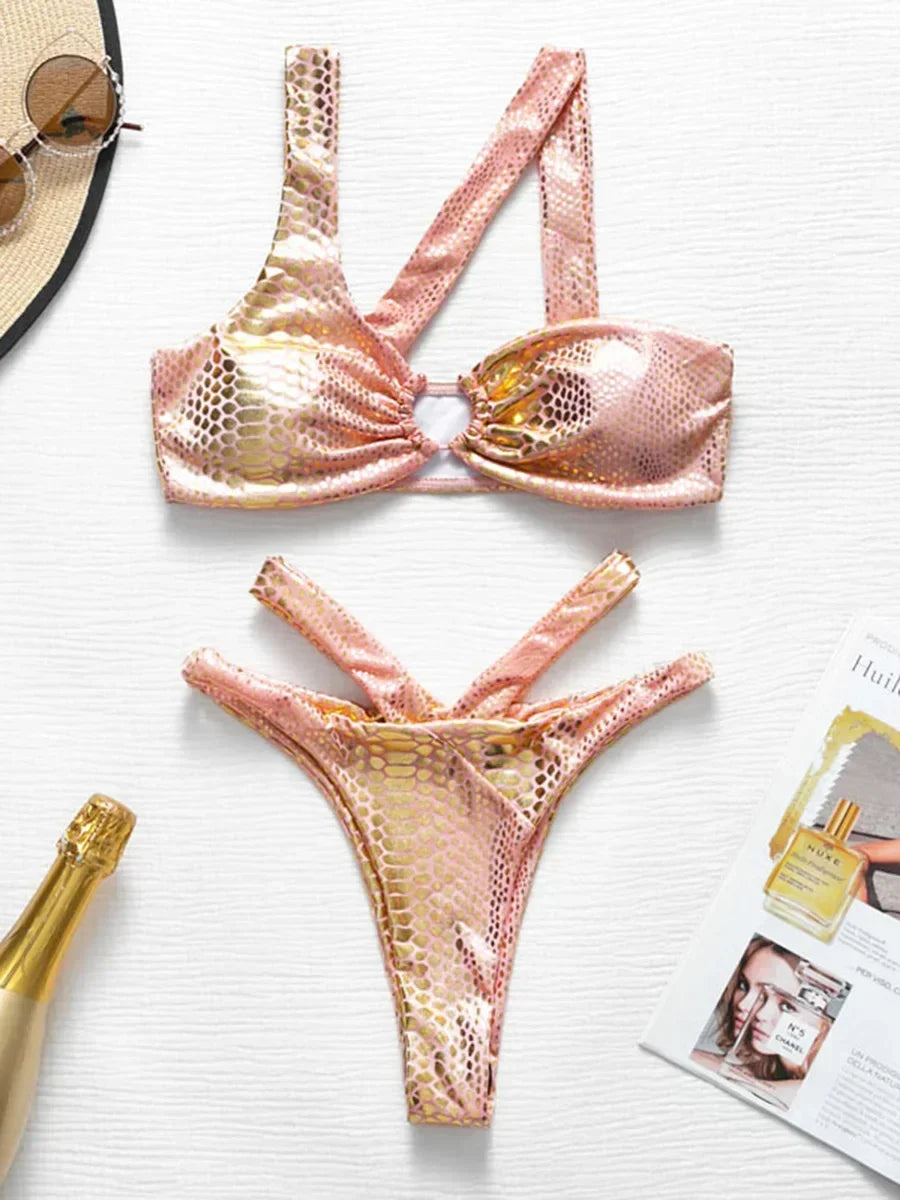 NEW Arrivals Silver/Pink/Gold Asymmetric Shiny Snake Skin Thong Bikini Female Swimsuit Women Swimwear Two Pieces Bikini set High Cut Bather Bathing Suit Swim Girls Ladies Beach Wear