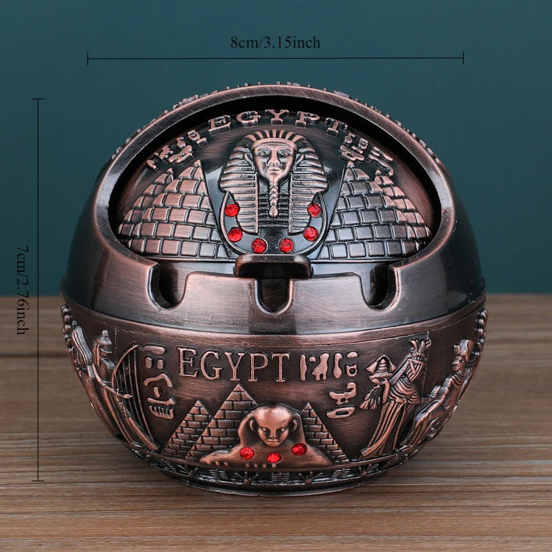 Collectible Ancient Egyptian Tutankhamun Pharaoh Ashtray Zinc Alloy Metal With Cover Anti-Fall Windproof Ashtray Home Living Room Tea Room Table Decoration