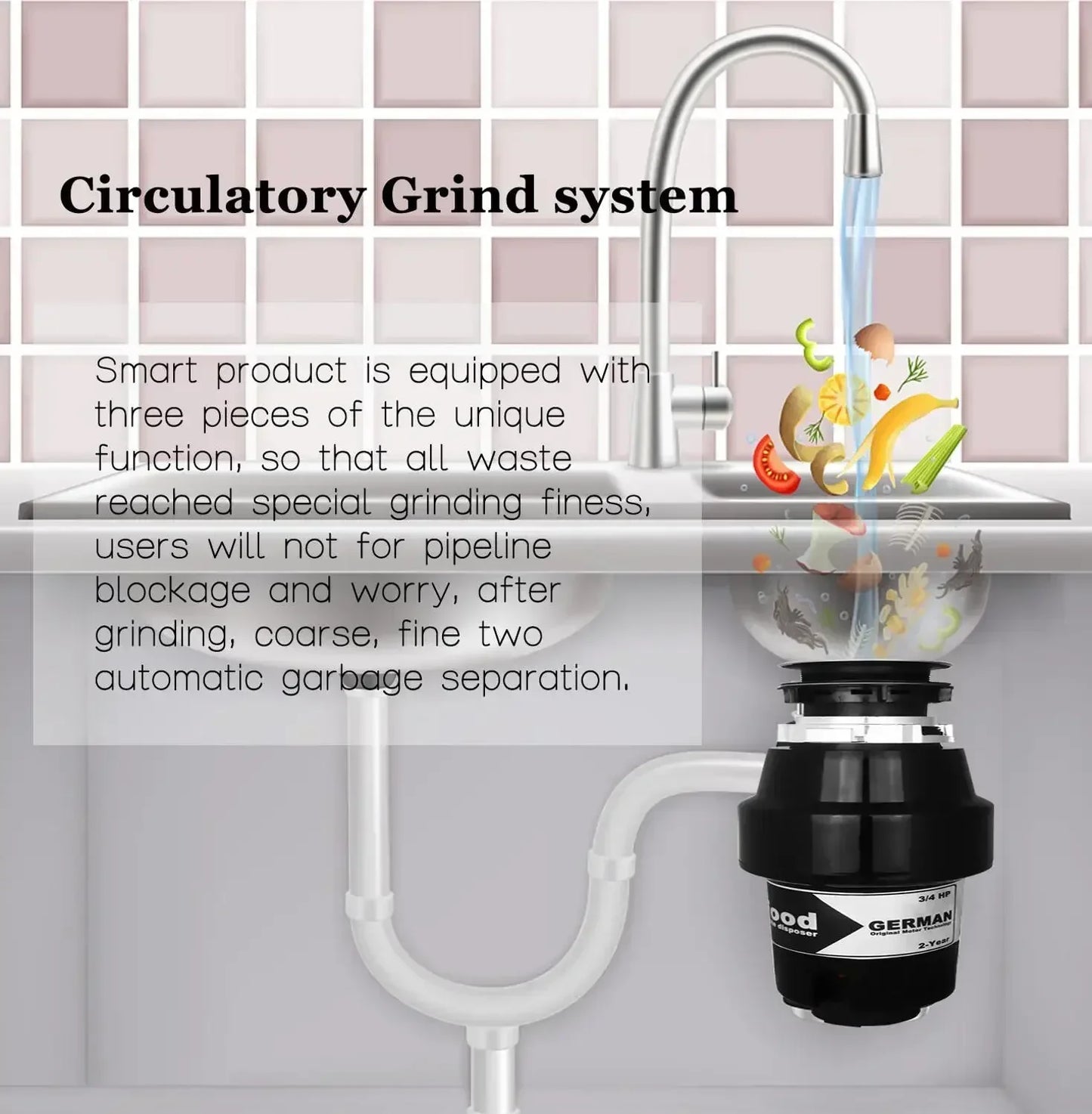German 1000W Motor Technology 1 Horsepower Deluxe Continuous Feed Disposal Food Waste Disposer + Air Switch