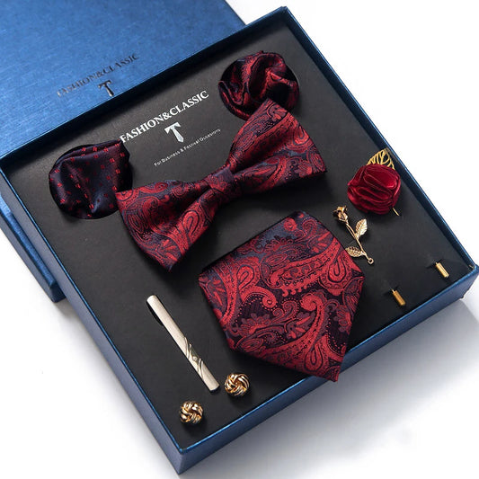 100% Silk 4 PCS Set 58 Types/Colors Brand Newest Design Silk Tie Set Handkerchief Pocket Squares Cufflink Bow Tie Clip Necktie Set Business Wedding Suit Gift Box