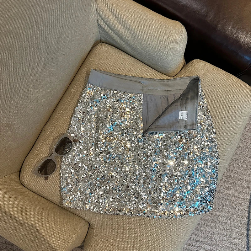 NEW Arrivals Sexy Spice Girl Black Sequin Skirt Women Summer New Spice Girl High Waist Stitching Slim-Fit Elegant Commuting Hip Culotte Ladies Girls Luxury Fashion Clothing Supplies