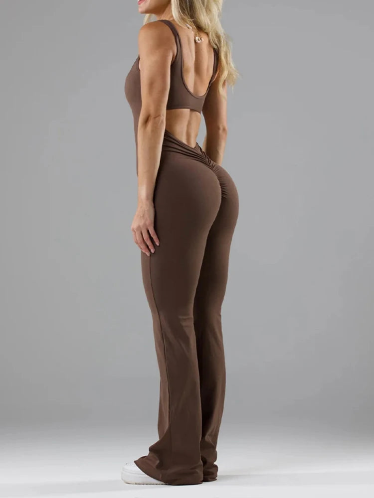 5 Colors S-XL Size Women's Fitness Flared Bodysuit Sexy Backless Fitness Tight Waistband Hipless Yoga Bodysuit V Back Waistband Hip Lift Female Apparel Sports Clothing Supplies