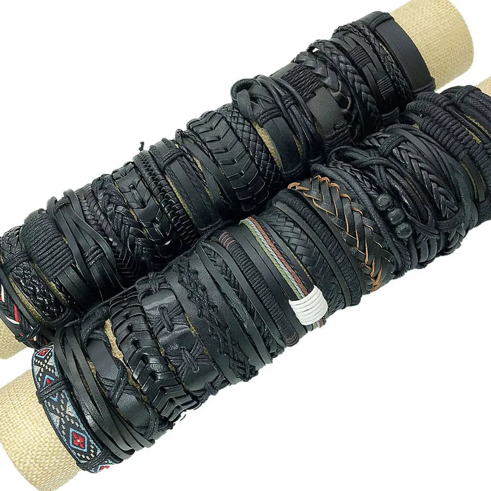 50 Pcs/lot Punk Vintage Cuff Wide Leather Men Bracelets For Women Bangles Handmade Retro Weave Mix Party Jewelry Gift