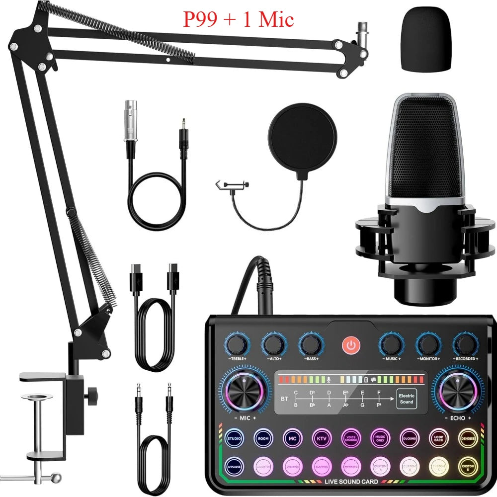Professional P99 Live Sound Card Podcast Equipment Live Broadcast DJ Device with MC98 Microphone Set For Music/Recording Live Streaming