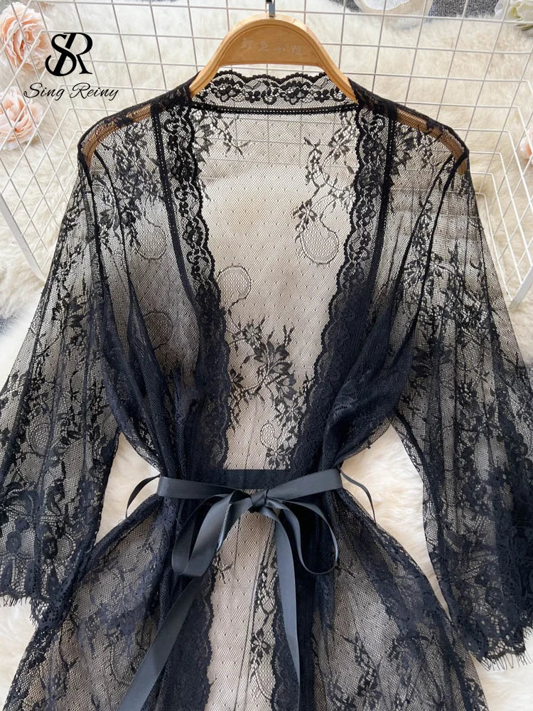 Mesh Sheer Sensual Cardigan Nightwear Women V Neck Lace Print Night Dress Summer Long Sleeve Lingerie Erotic Pajamas