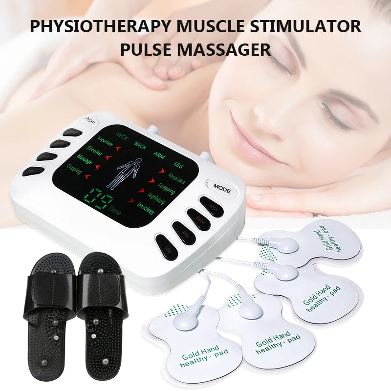 Full Set Electrical Muscle Stimulator + Slippers + Socks English Button Therapy Massage TENS Electronic Massager  Physiotherapy TENS Machine Health Care Supplies